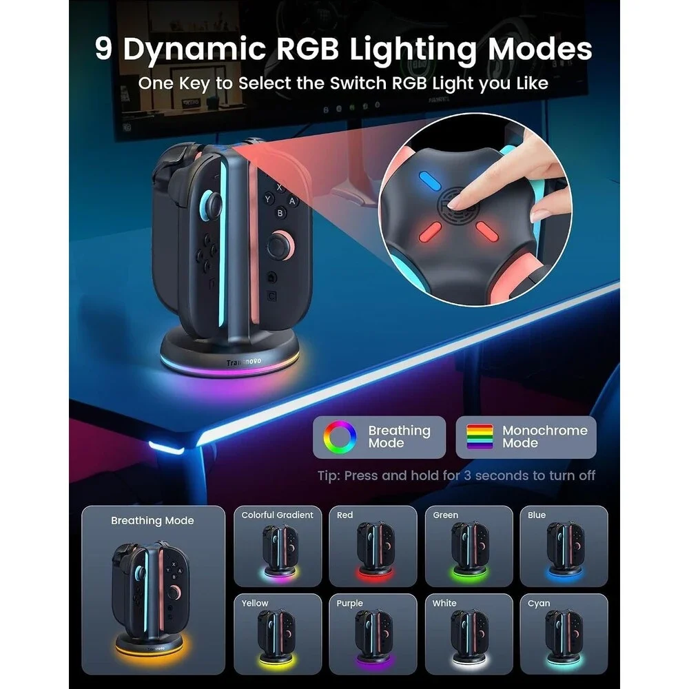 TRANSNOVO Switch 2 Joy-Con Charging Dock 4-in-1 RGB Magnetic Charger Black